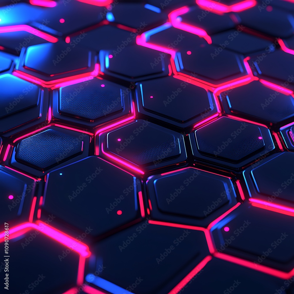 Aufkleber futuristic hexagonal pattern with neon pink and blue glow on dark background for technology and abst
