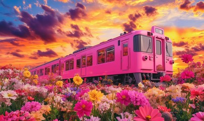 Fototapeta premium Pink train amidst vibrant flowers and sunset sky, colorful scene with blooming flowers surrounding train, dramatic clouds in background