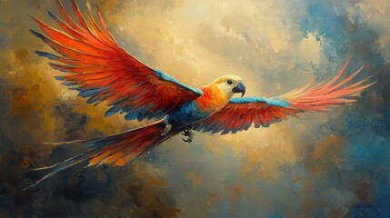 A vibrant parrot soaring against a dramatic sky, showcasing colorful feathers in striking detail and dynamic motion.