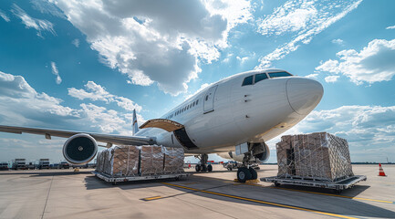 Obraz premium A cargo airplane loading boxes, a blue sky background, a large plane on the tarmac with boxes by jet.