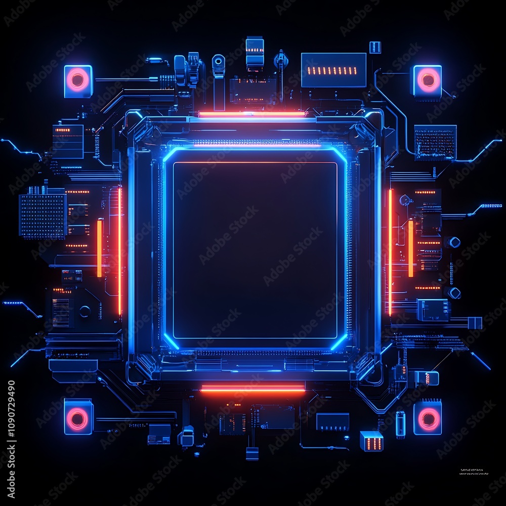 Poster futuristic microprocessor with neon blue and red lights on a dark background, representing advanced 