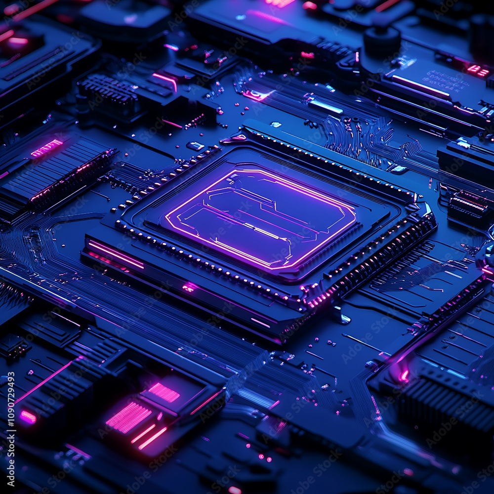 Poster futuristic microprocessor circuit with neon glow in a high-tech environment featuring intricate deta