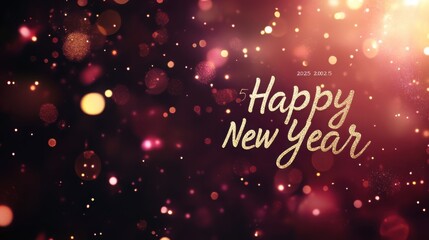 Elegant calligraphy "2025 Happy New Year" over a deep burgundy background with soft lights.