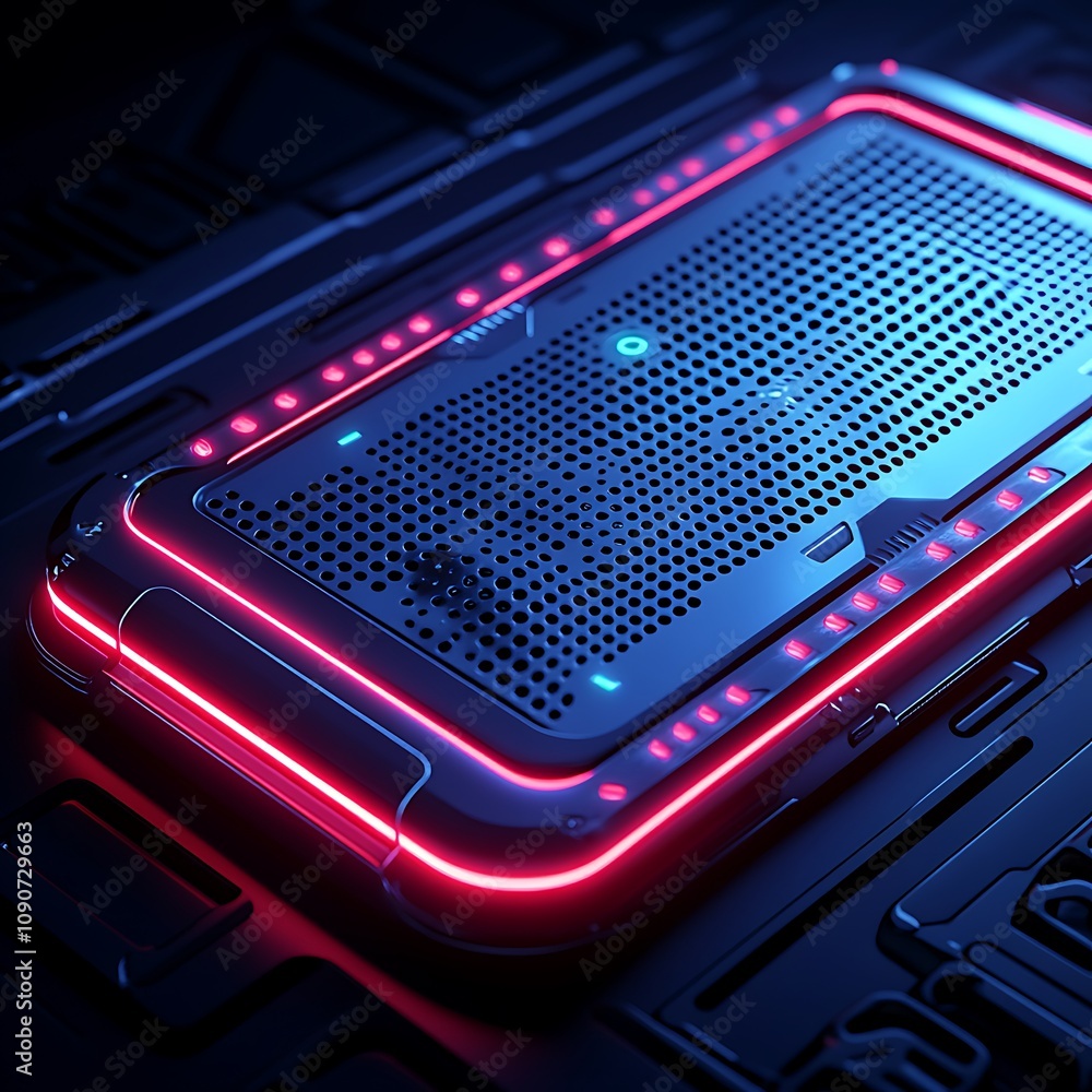 Poster futuristic mobile device with neon accents on a dark background showcasing modern technology and inn