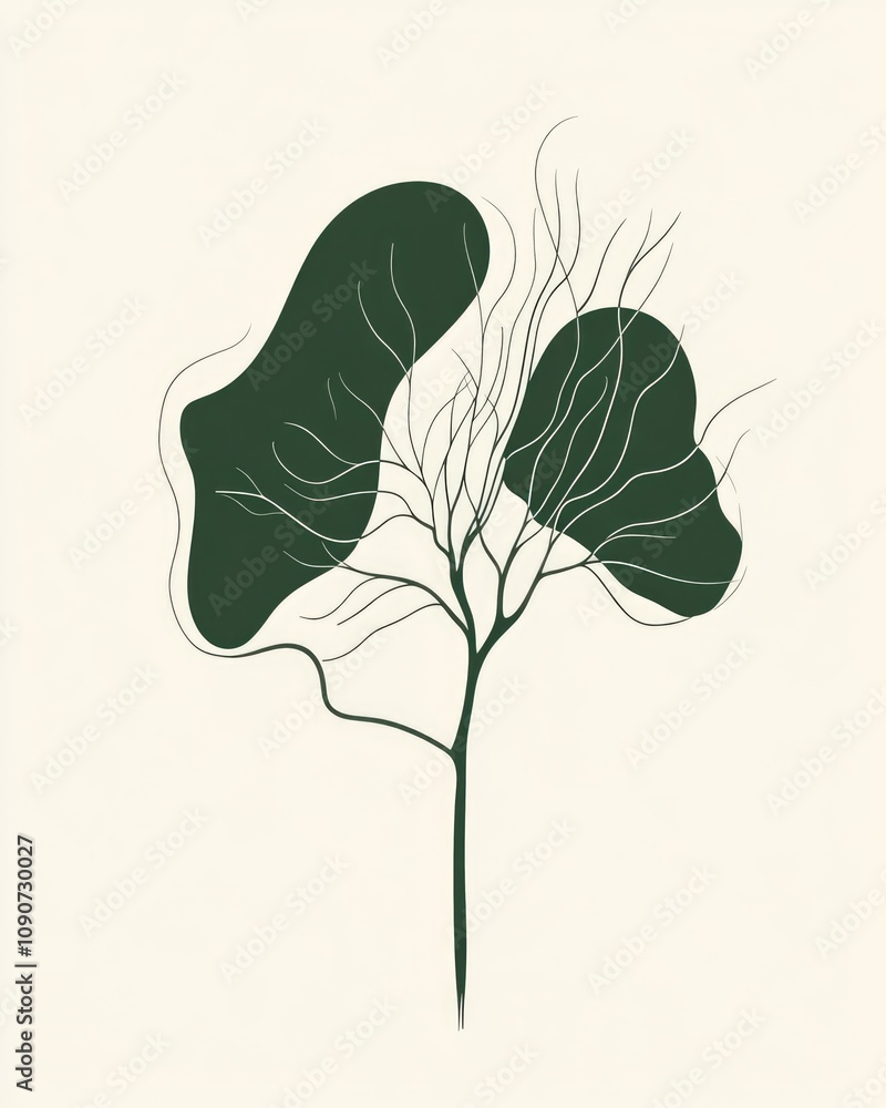Poster a minimalist green line drawing of a tree emphasizing its natural shape and simplicity