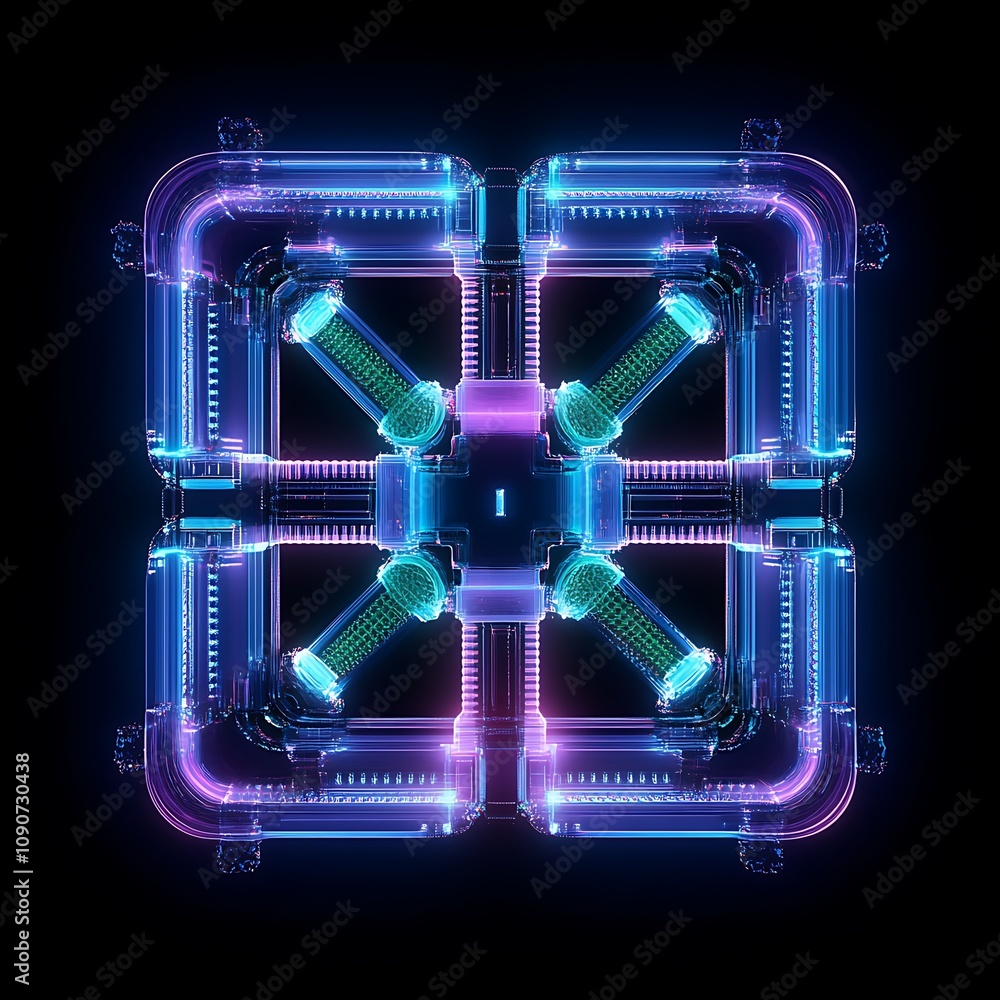Poster futuristic neon circuit board design with glowing elements and symmetrical patterns in vibrant color