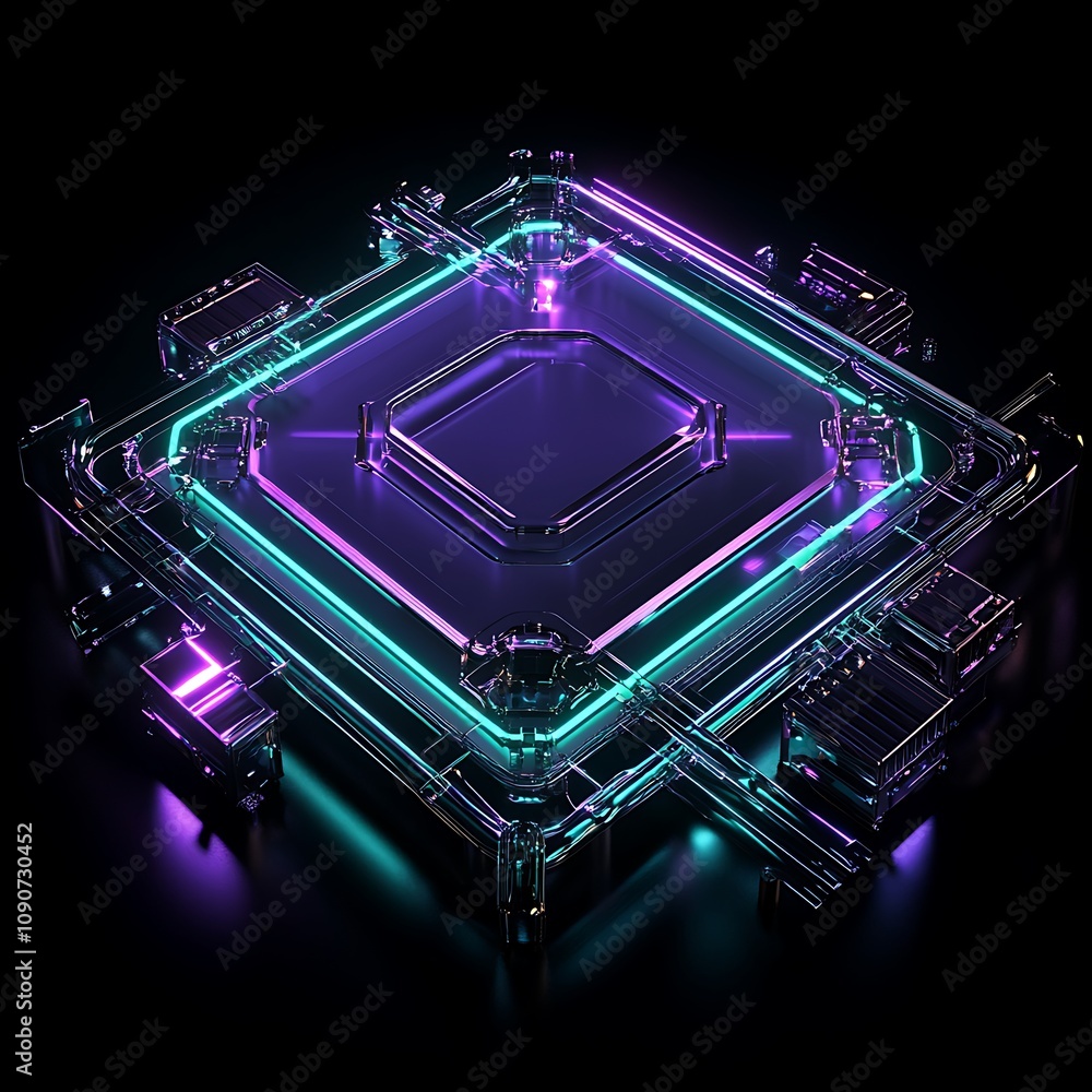 Poster futuristic neon circuit board design with glowing elements for high-tech backgrounds and digital tec