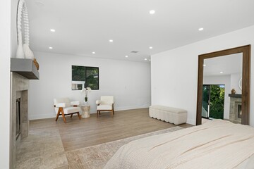 Fototapeta premium Modern minimalist bedroom with elegant furniture.