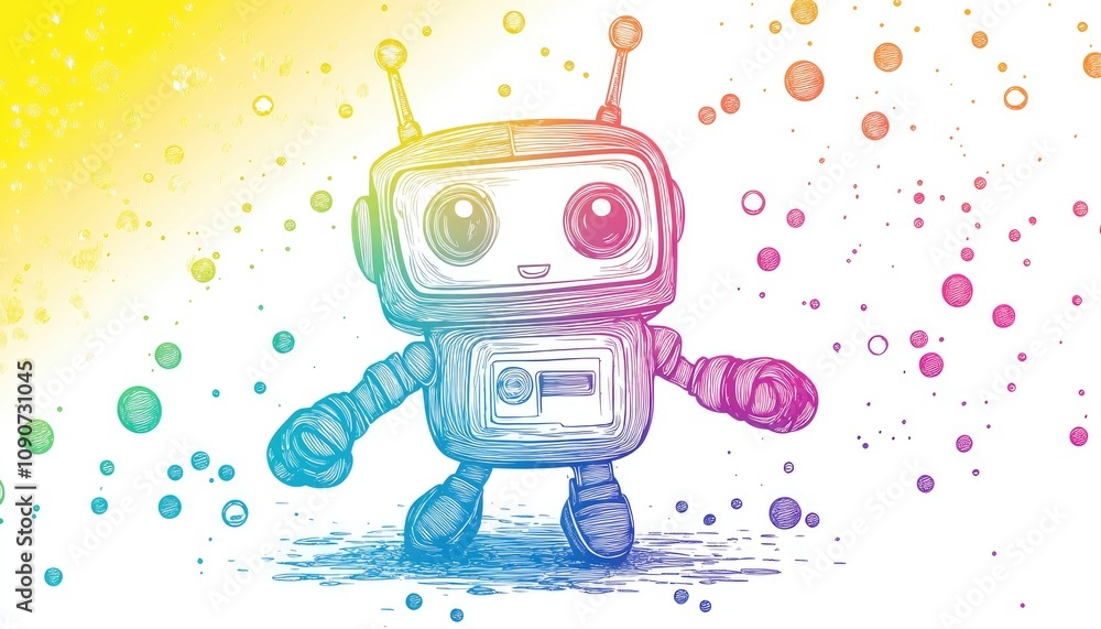 Poster rainbow gradient line illustration of a playful robot character