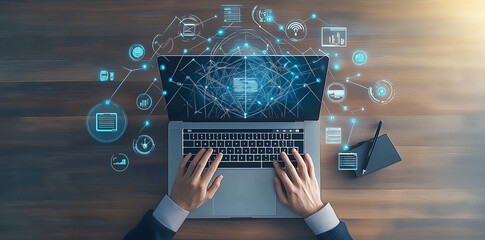 Man typing on laptop, cloud service hologram and devices sync, trends, Ai