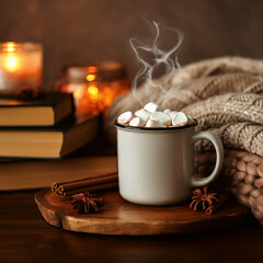 Hot chocolate with marshmallow topping coffee mug steaming and knitted sweater winter clothing cosy winter relaxation indoor
