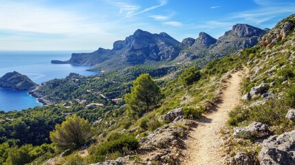 Scenic mountain path winding through lush greenery with stunning coastal views under a clear blue sky. Ideal for hiking and nature exploration.