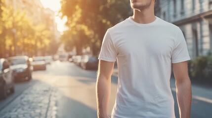 Male model wearing a white t-shirt mockup, walking on a sunlit street, perfect for casual design and printing showcases.