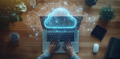 Man typing on laptop, cloud service hologram and devices sync, trends, Ai