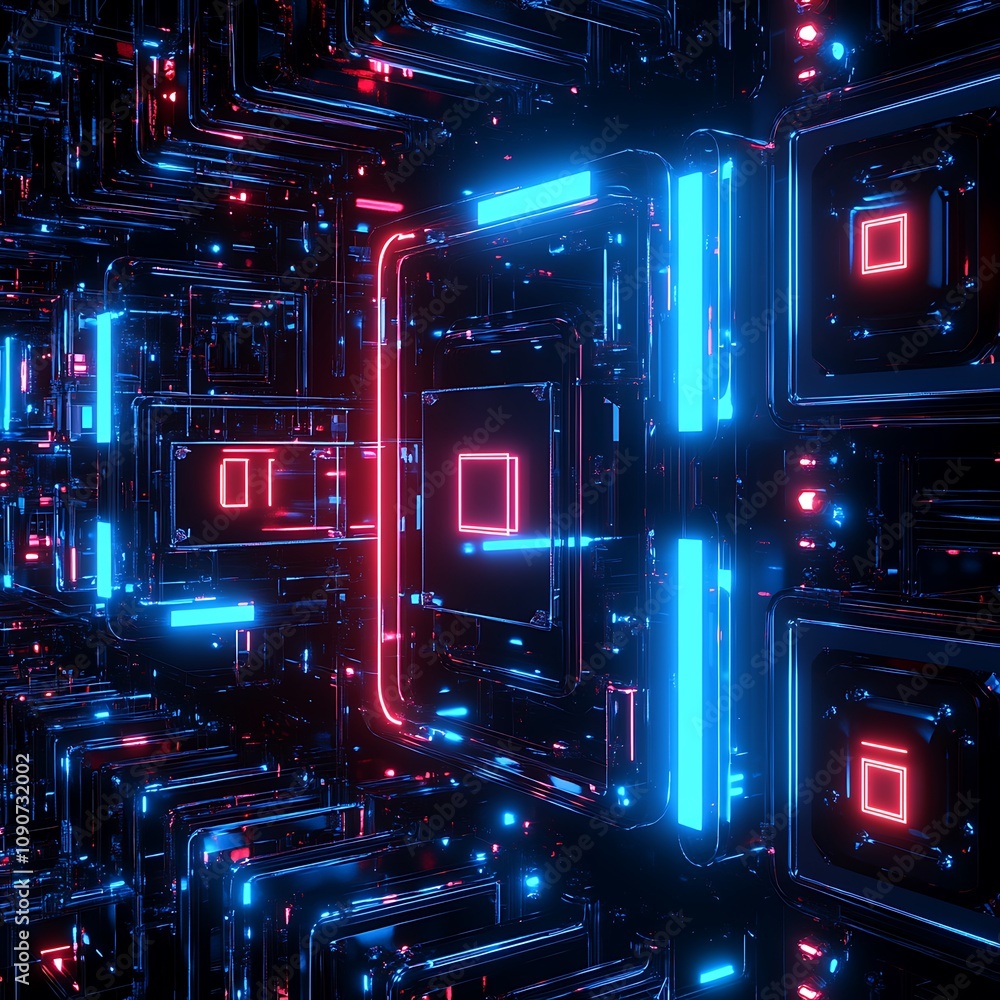 Poster futuristic neon circuitry with vibrant blue and red lights in a three-dimensional space representing