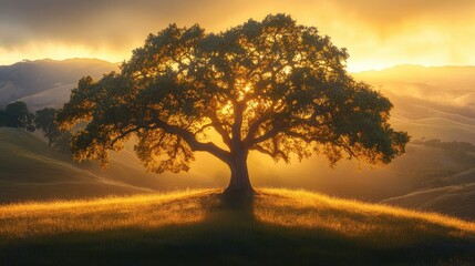 Fototapeta premium Majestic tree glowing at sunset, casting enchanting light and shadow in a breathtaking natural landscape with rolling hills.