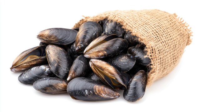 Freshly harvested mussels spilling from a burlap sack, showcasing their shiny black shells and smooth surfaces, symbolizing coastal seafood farming.