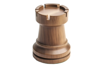 Wooden White rook isolated on white background, cut out transparent.