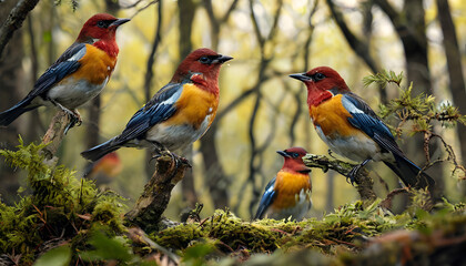 Fototapeta premium Four colorful birds gathered on a mossy branch, vibrant forest background, nature setting, copy space