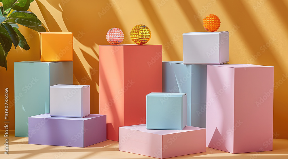 Poster modern mockup on a light pastel background, with at least 5-10 blank rectangular boxes arranged acro