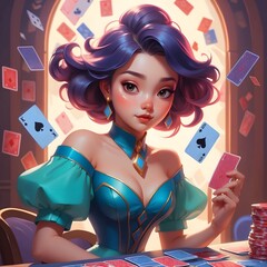 Colorful card game with a stylish character at a vibrant table in a lively gaming hall