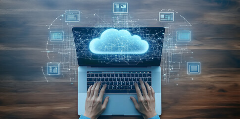 Man typing on laptop, cloud service hologram and devices sync, trends, Ai