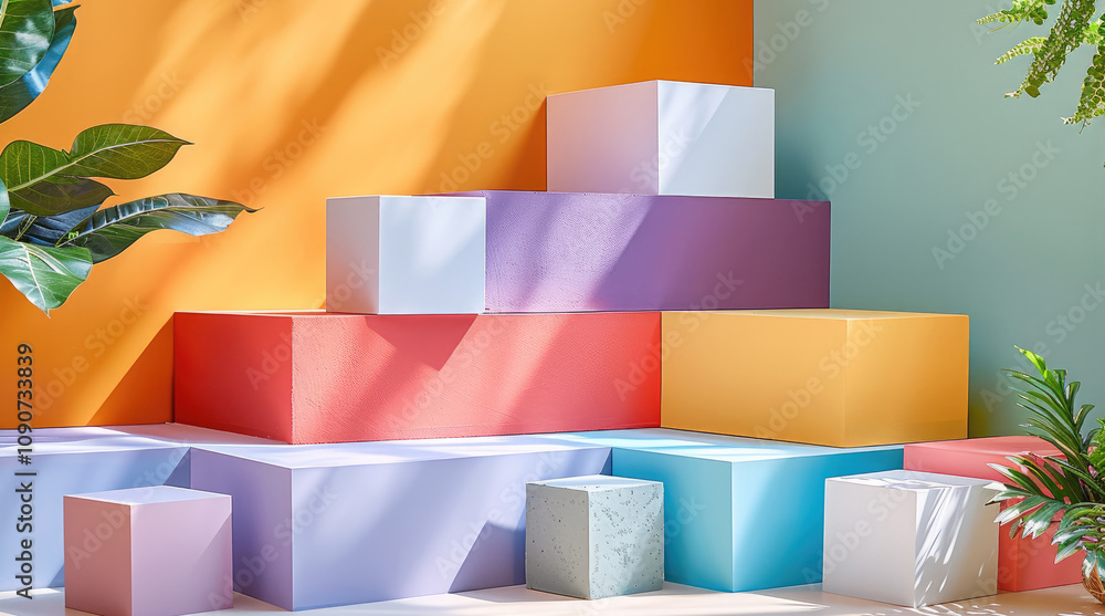 Poster modern mockup on a light pastel background, with at least 5-10 blank rectangular boxes arranged acro