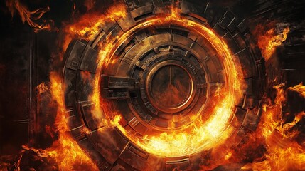 Obraz premium bank vault door surrounded by swirling flames, symbolizing the risk