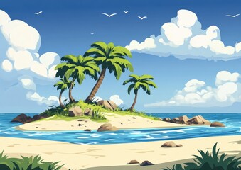Fototapeta premium 2D cartoon illustration of an island scene