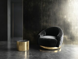Elegant Black Velvet Chair and Gold Side Table Interior Design