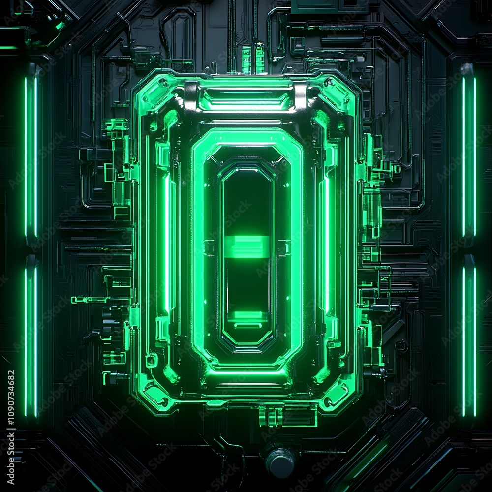Poster futuristic neon green digital interface abstract with illuminated geometric shapes and high-tech cir