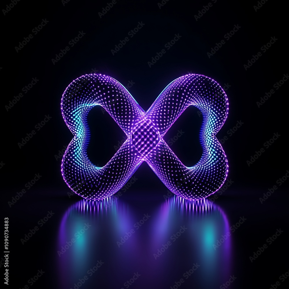 Poster futuristic neon infinity loop design with vibrant blue and purple lights on a dark reflection surfac