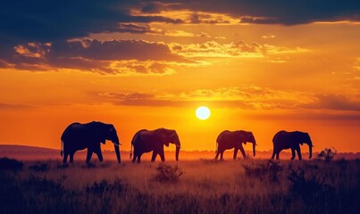 Obraz premium Elephants silhouetted against sunset, herd walking in savannah, vibrant orange sky, tranquil atmosphere
