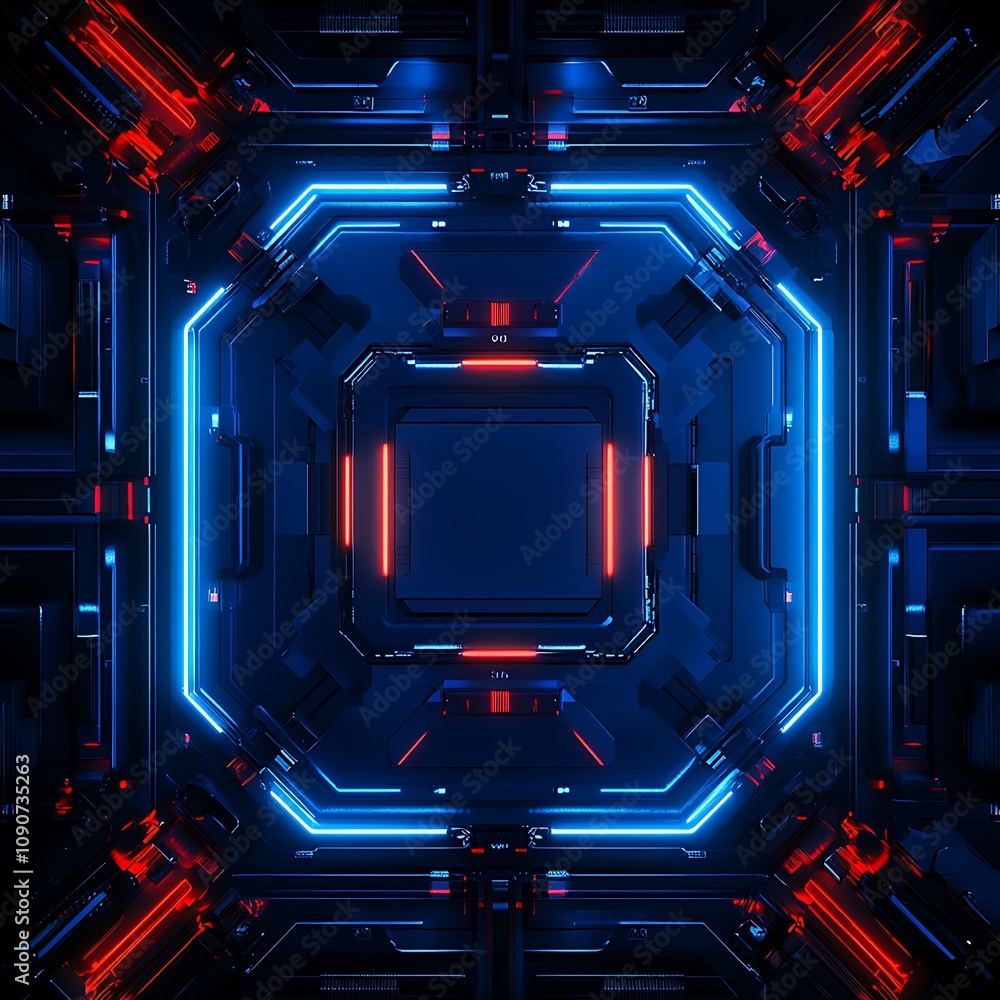 Poster futuristic neon light patterns in a high-tech digital environment with symmetrical design forming a 