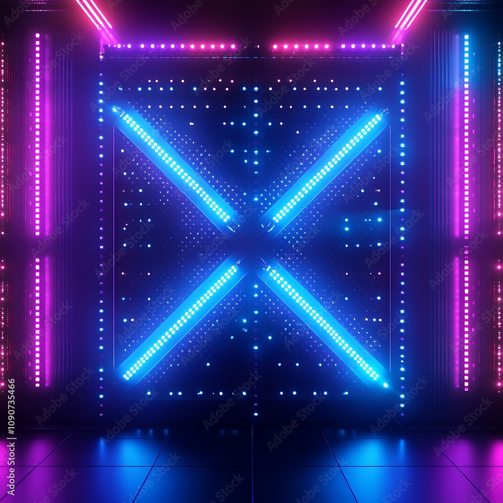 Poster futuristic neon light wall with geometric patterns and led effects for modern design concepts in dig