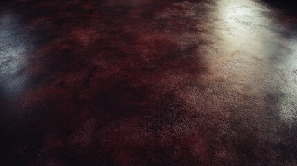 Textured dark maroon concrete flooring with subtle highlights and a reflective surface, showcasing a rich and deep color variation.
