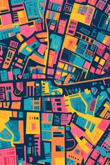 Obraz premium Vibrant, abstract top-down city map with bold colors and geometric shapes, perfect for urban-themed projects.