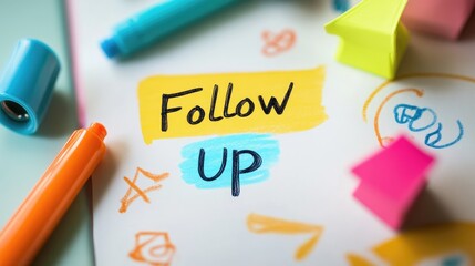 Colorful handwritten note featuring the words Follow Up, surrounded by vibrant markers, paper shapes, and doodles, highlighting the importance of task reminders and connections.