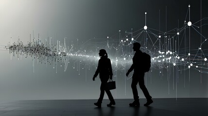 Fototapeta premium Knowledge Graph, Text Classification, Sentiment Analysis, AI Innovation concept art. Silhouette of a person walking. 