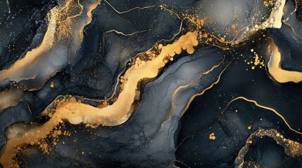 Abstract paint marble wall decor with a harmonious blend of textures, showcasing black and golden...