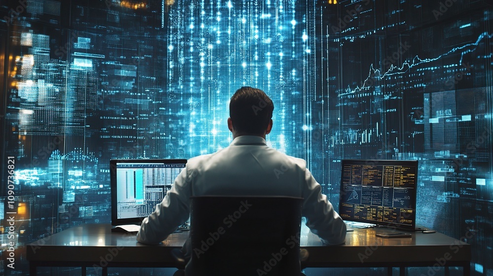 Poster virtual stock market trader analyzing graphs and data for effective market strategies in a futuristi