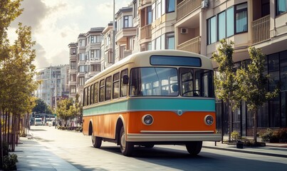 Fototapeta premium Vintage bus on city street, colorful design, modern buildings, trees lining pathway, sunny day