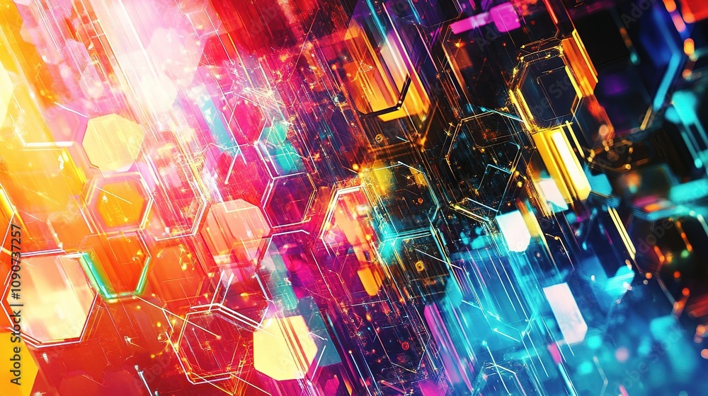 Poster colorful futuristic background with abstract technology elements in bright neon hues for high-tech a
