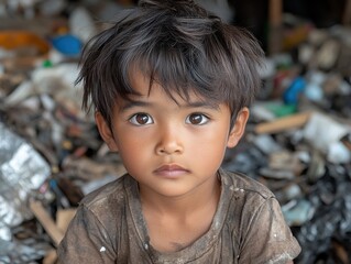 Young child stands amidst a sprawling garbage dump, symbolizing poverty, environmental crisis, and the harsh reality of disadvantaged communities in need of support and change