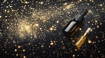 Serum droppers beside luxurious skincare bottles surrounded by shimmering gold glitter on a deep black background.