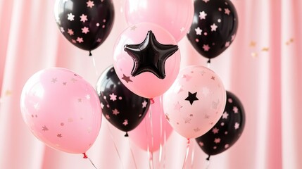 Festive arrangement of pink and black balloons featuring confetti stars, set against a soft pink backdrop, ideal for playful and elegant celebrations