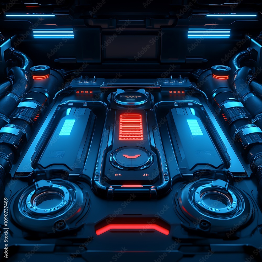 Poster futuristic sci-fi control panel interface with neon lighting and advanced technology elements in a d