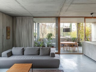 Fototapeta premium Modern Apartment Living Room with Concrete Walls and Patio View