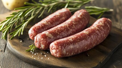 Homemade sausage links made with grated potatoes and seasoned pork, garnished with fresh rosemary on a rustic wooden cutting board.