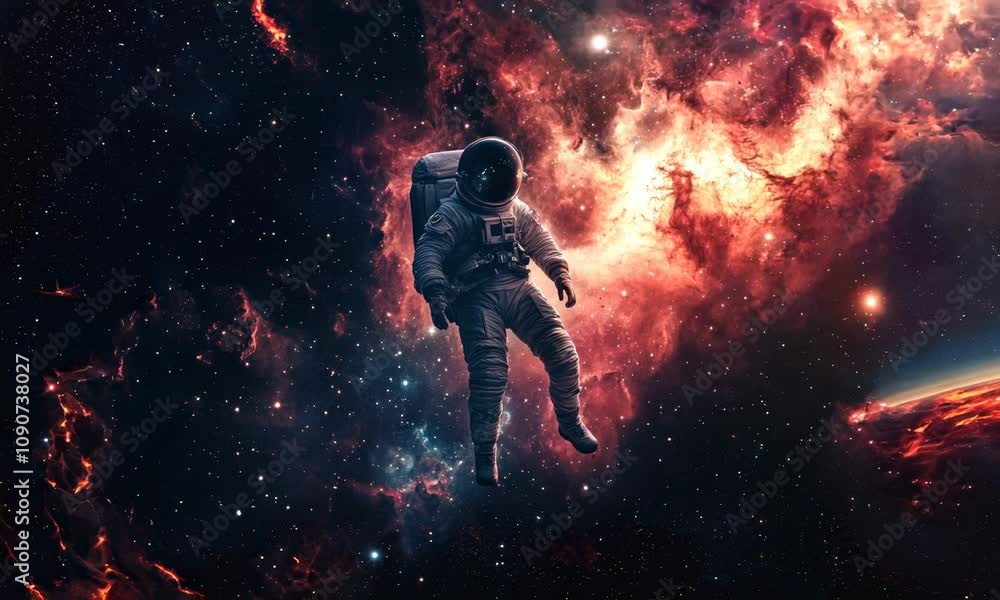 Poster man in spacesuit floating in space. dreamy, otherworldly feel.